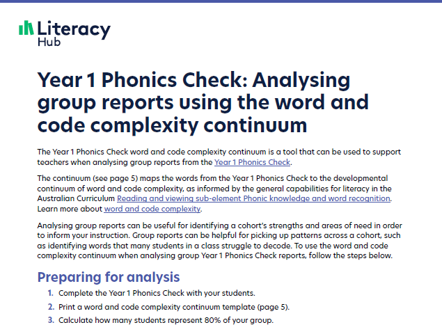 Year 1 Phonics Check: Analysing group reports using the word and code complexity continuum Image